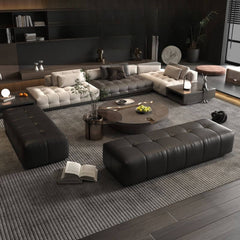 Minimalist black ottoman in a modern living room