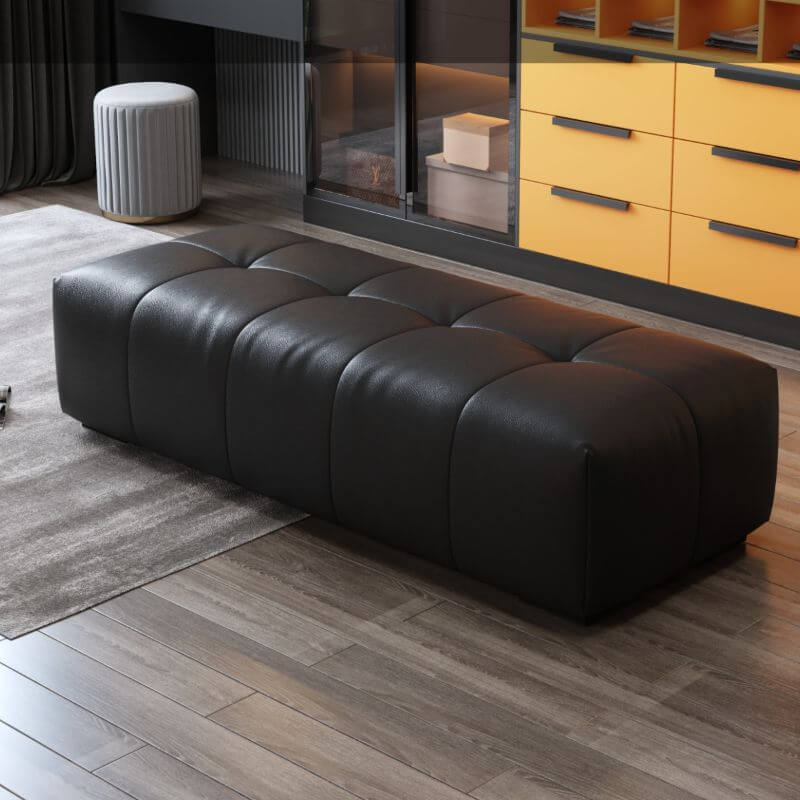 Pouf Standard Rectangulaire Minimaliste de Couleur Unie avec Revêtement en Cuir Véritable Noir Minuit Image secondaire du produit