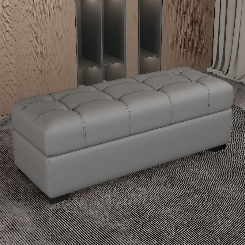 Pouf de rangement rectangulaire minimaliste de couleur unie en cuir véritable gris/cacao/beige, avec rangement locker et design boutonné Image secondaire du produit