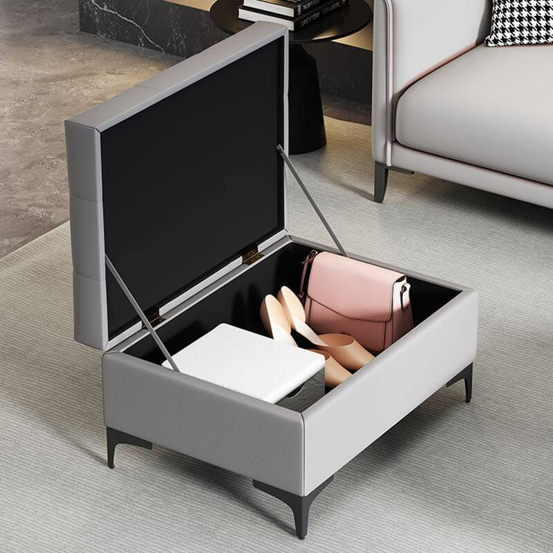 Pouf de rangement rectangulaire solide et simple en cuir PU gris/céruléan/tan avec rangement locker et design boutonné Image secondaire du produit