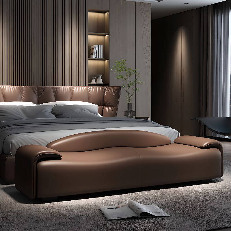 Minimalist beige upholstered bedroom bench with back Image principale du produit