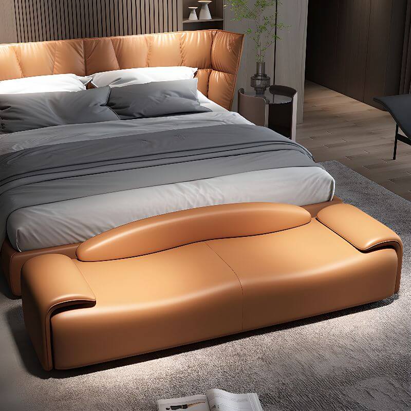 Modern coffee color upholstered bench in bedroom setting