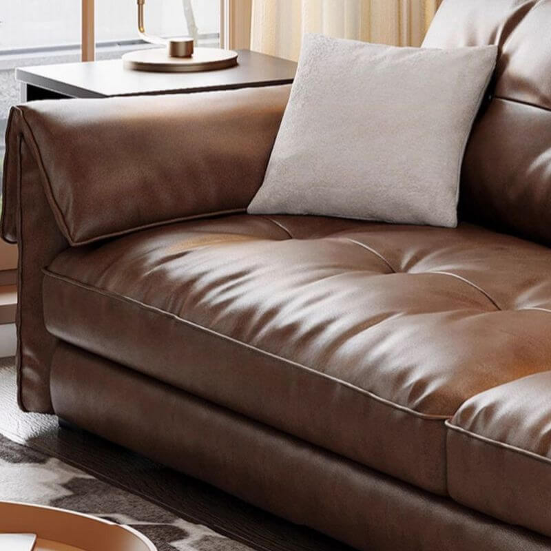 Minimalist auburn leather sofa in modern living room