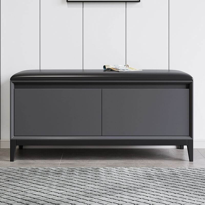 Moderner schwarzer Kunstleder-Rechteck-Storage-Ottoman mit Holzrahmen und Nagelkopfbeschlag Zweitbild