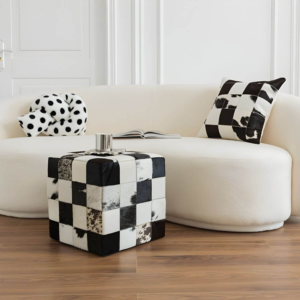 Modern Black Plaid Upholstered Accent Stool front view