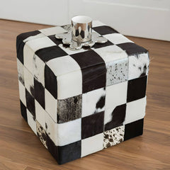 Modern Black Plaid Upholstered Accent Stool front view