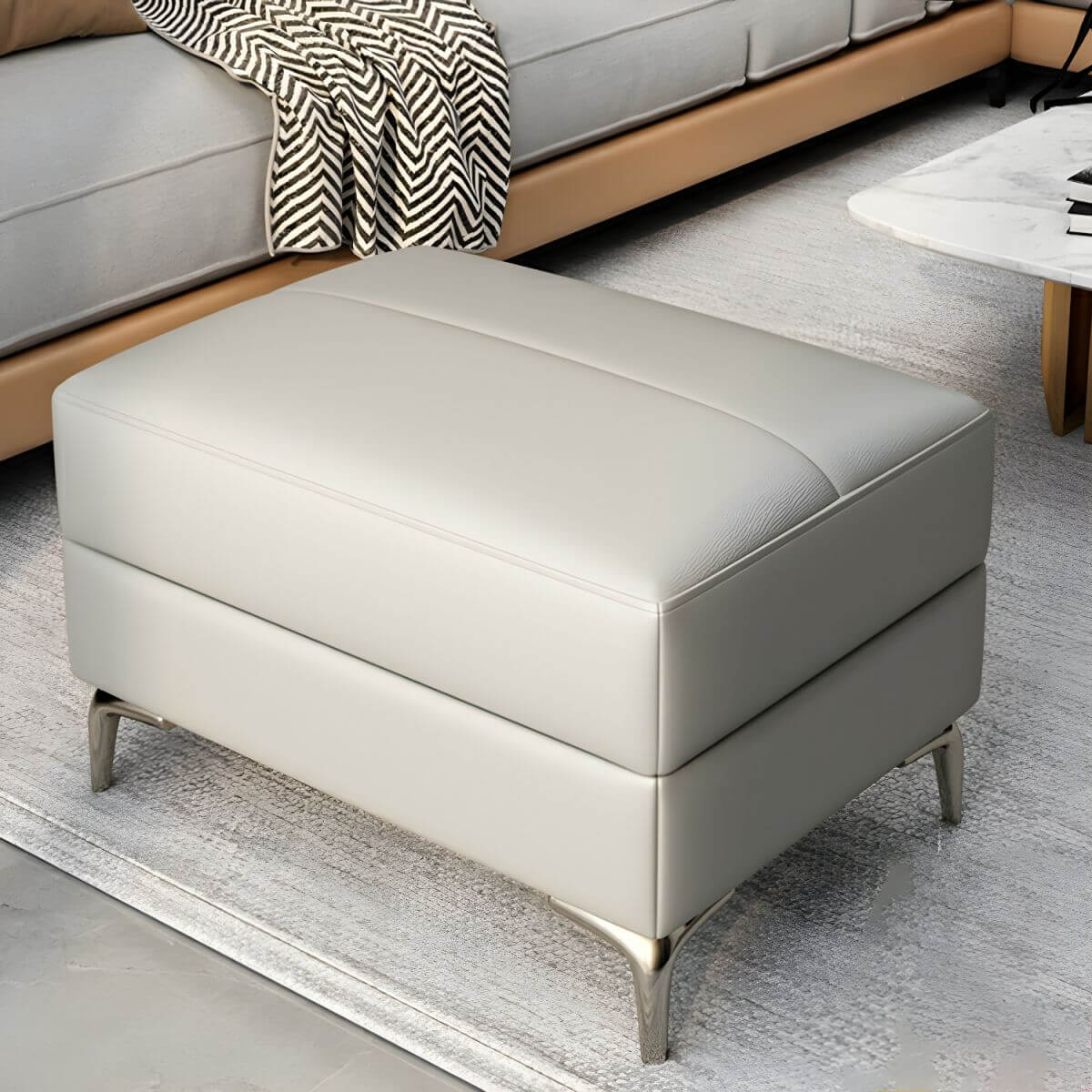 Modern Brown Leather Rectangle Ottoman