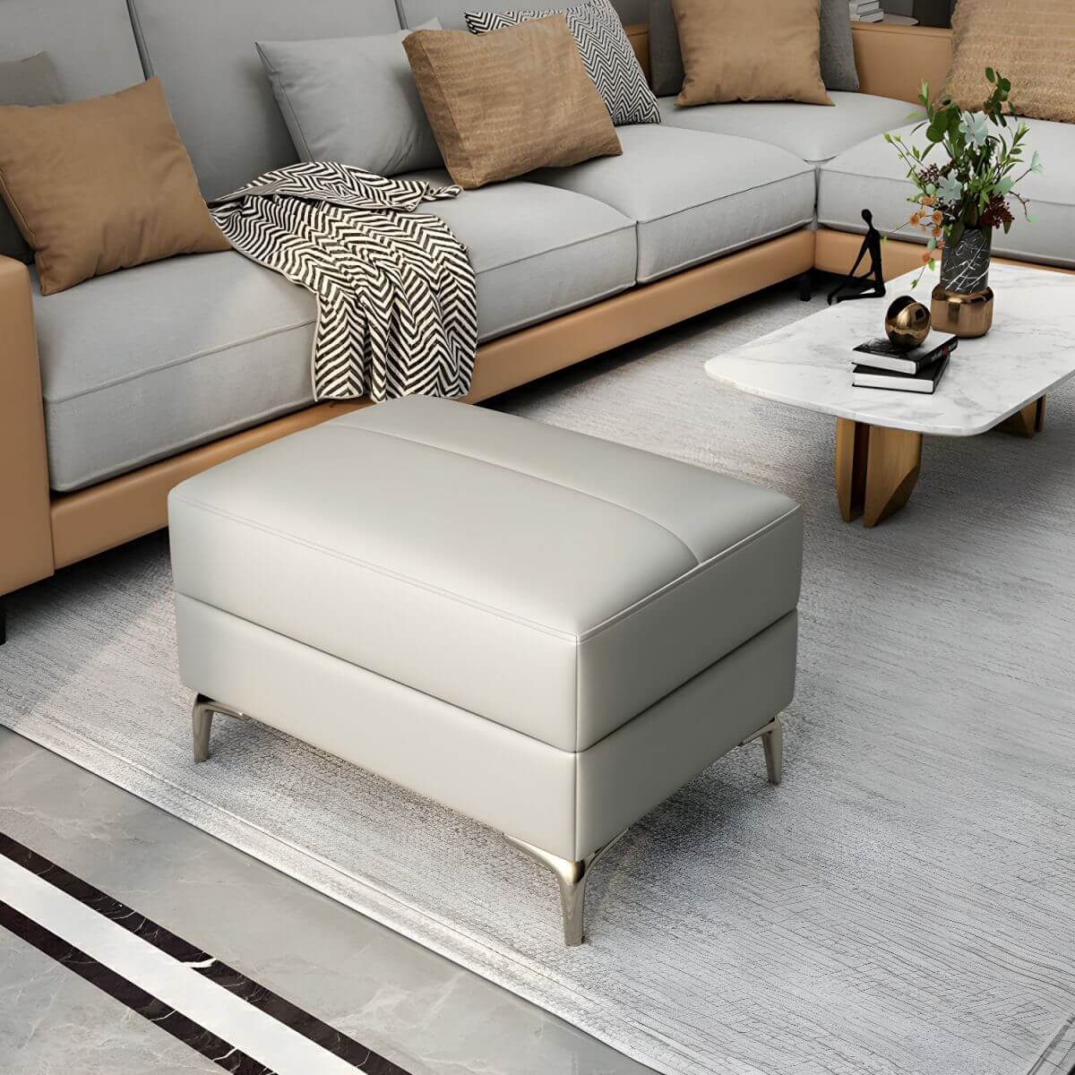 Rectangular modern ottoman in brown leather