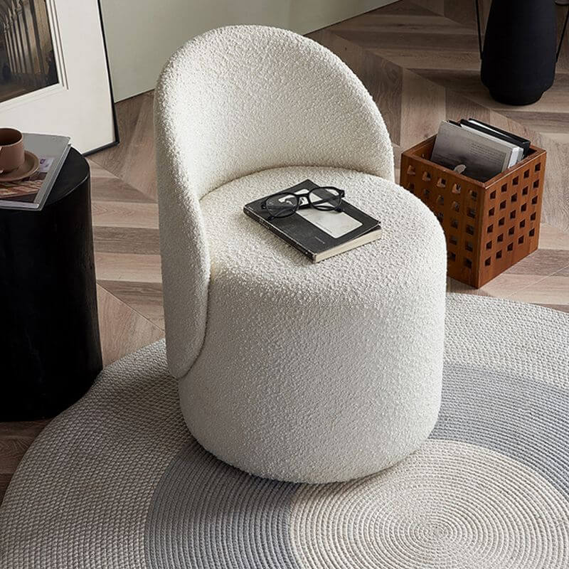 Modern cushioned drum vanity stool with upholstered Sherpa