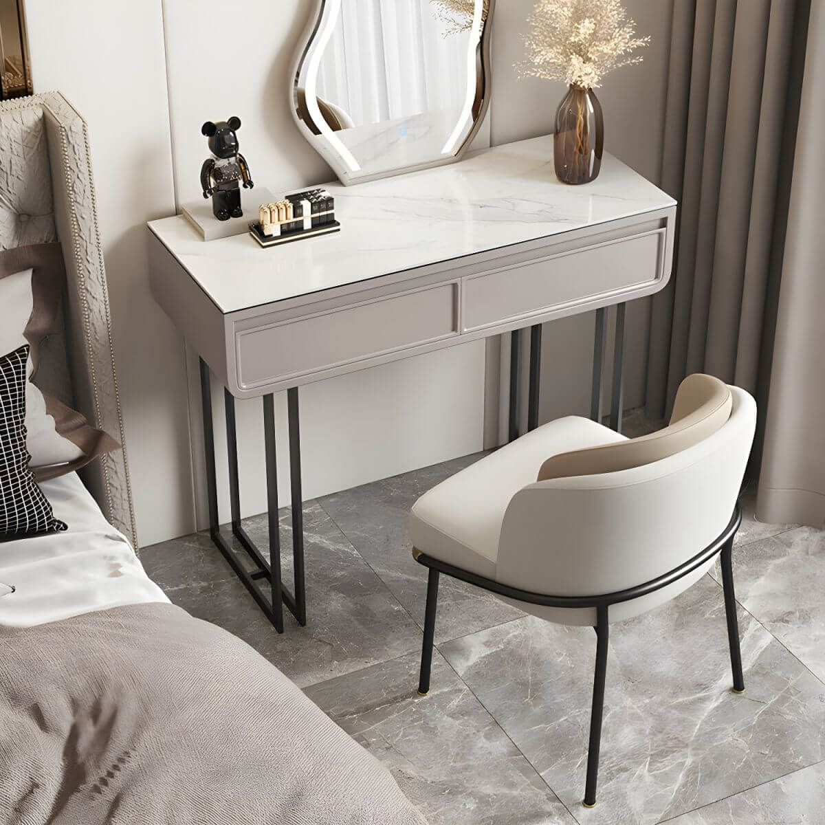 Stylish beige vanity stool in metal frame