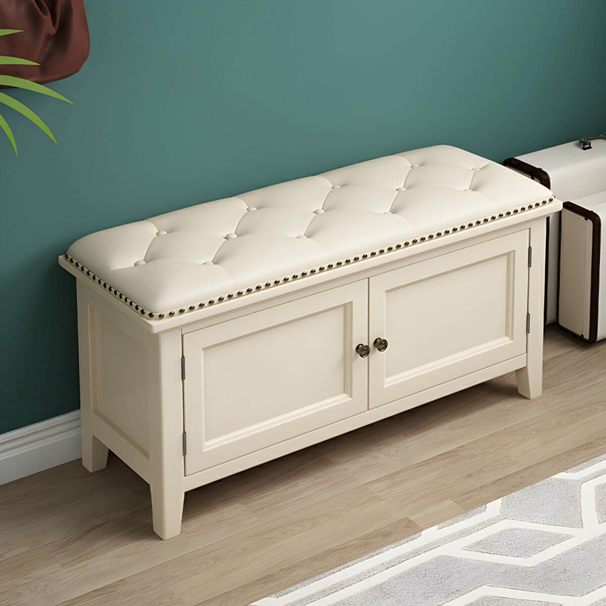 Storage ottoman in white faux leather