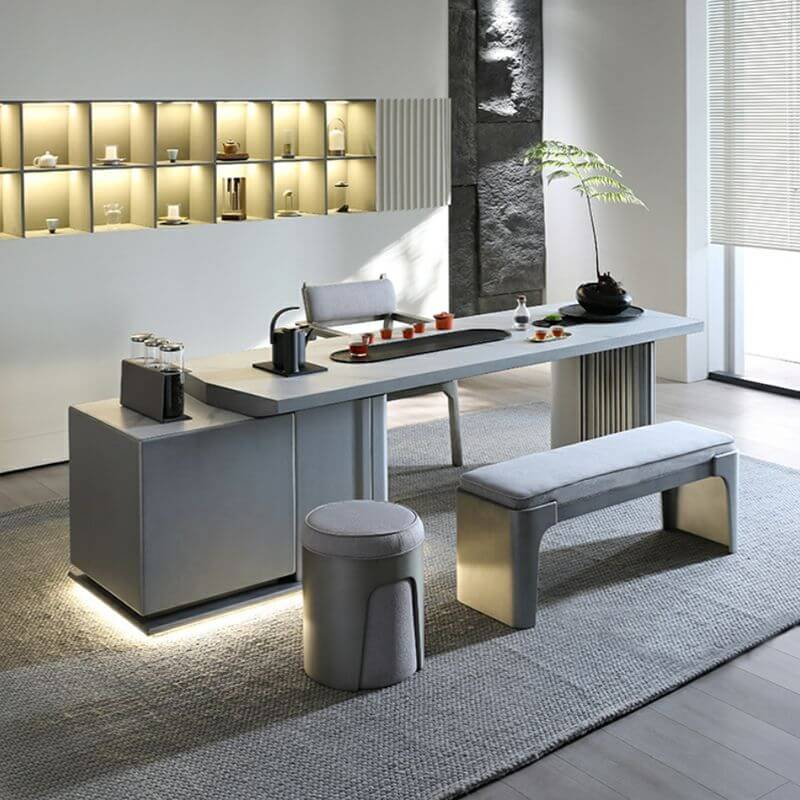 Moderner Grauer Baumwollmix Standard Hocker mit Metallrahmen und Beinen Zweitbild