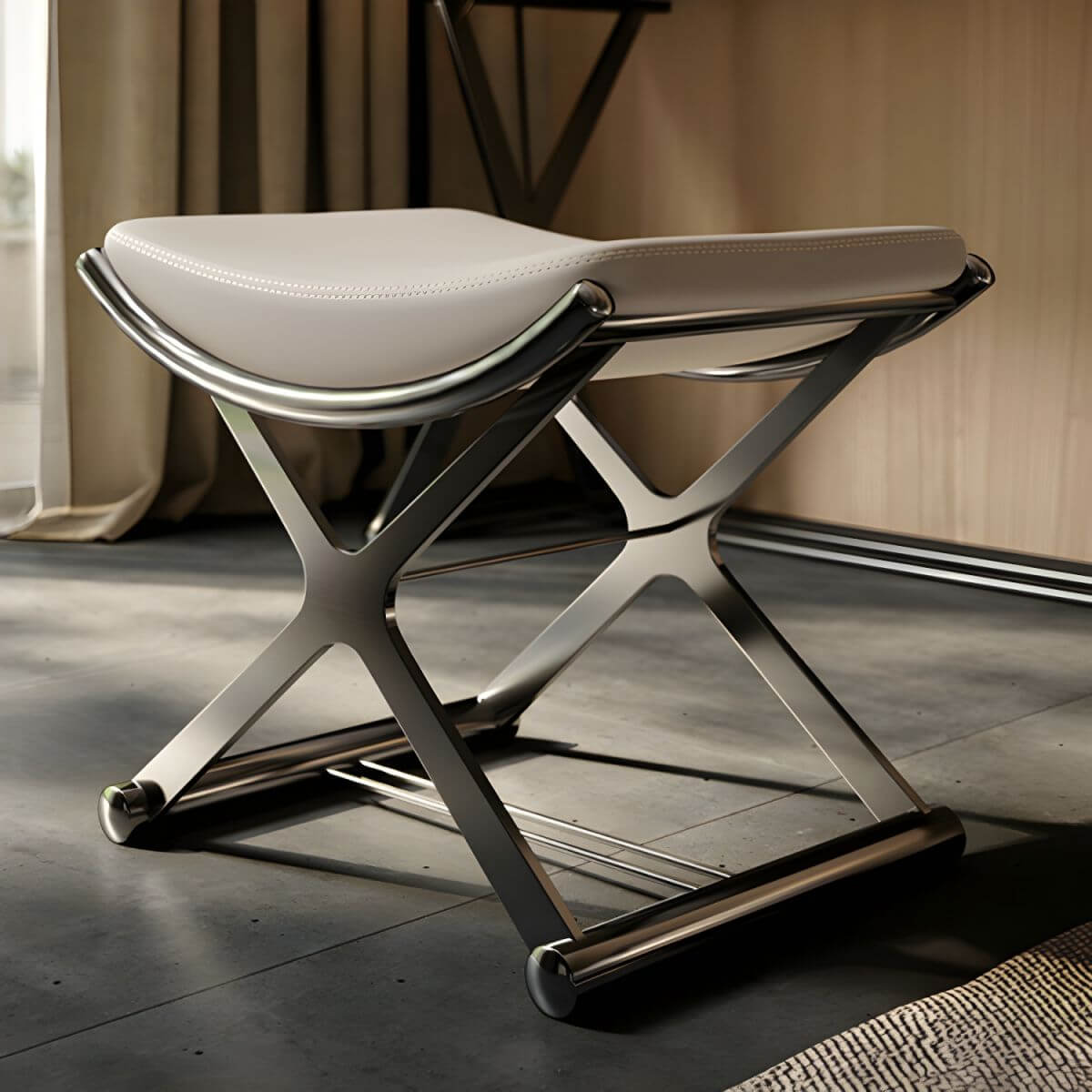 Modern gray metal vanity stool front view メイン画像