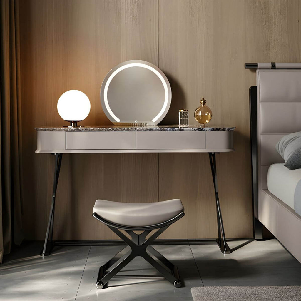 Gray vanity stool set against a stylish backdrop