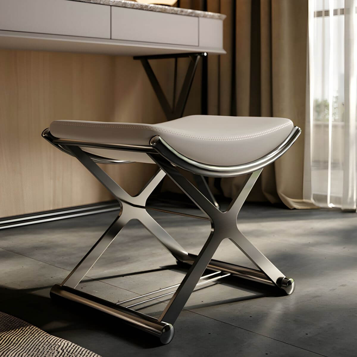 Gray metal vanity stool with X-frame base