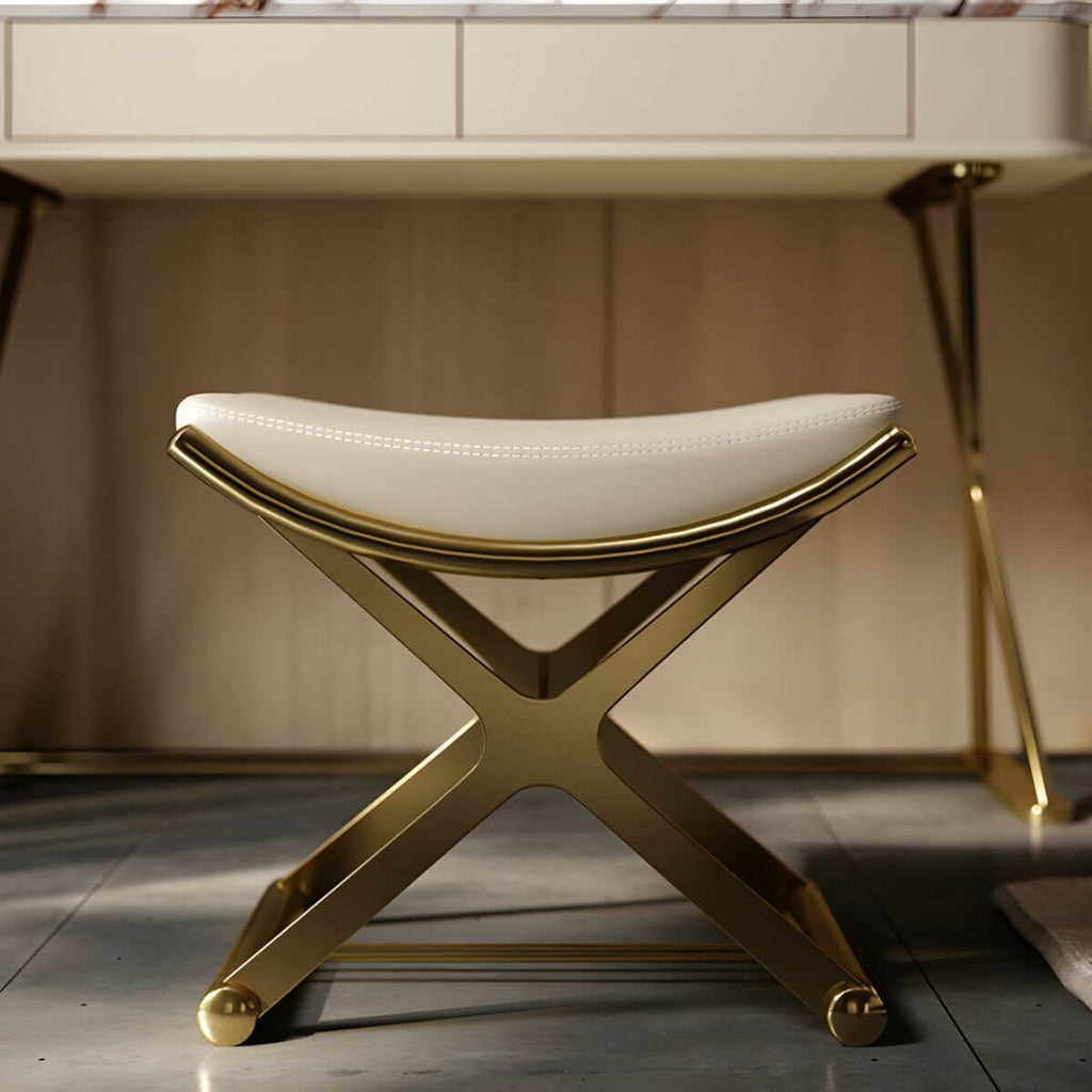 Gray metal vanity stool with X-frame base