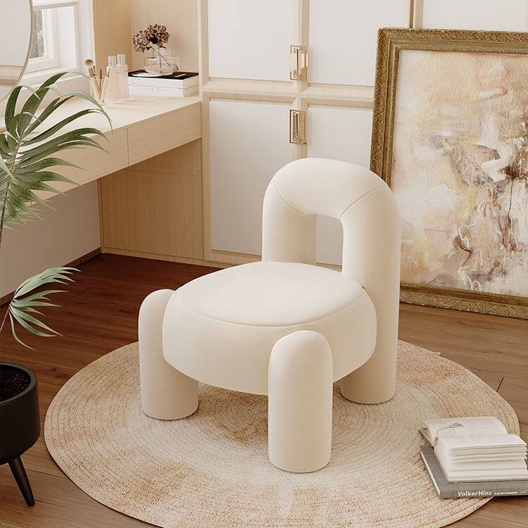 モダンなH型バニティスツール、ベージュ/オレンジ/グリーン、リントクッションとパインフレーム、背もたれ付き サブ画像