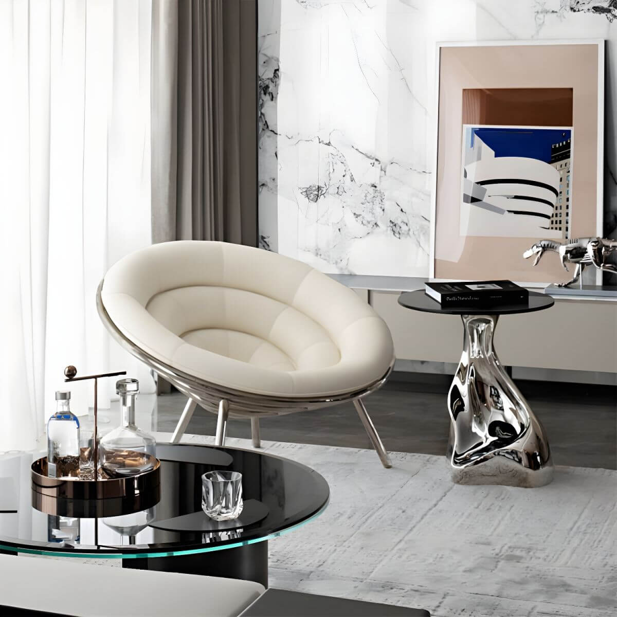 Modern Papasan Chair in white faux leather