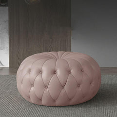 Light Khaki Round Ottoman with Tufted Design