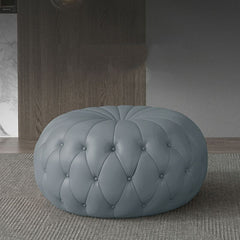 Modern Round Tufted Faux Leather Ottoman in Orange