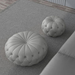 Light Khaki Round Ottoman with Tufted Design