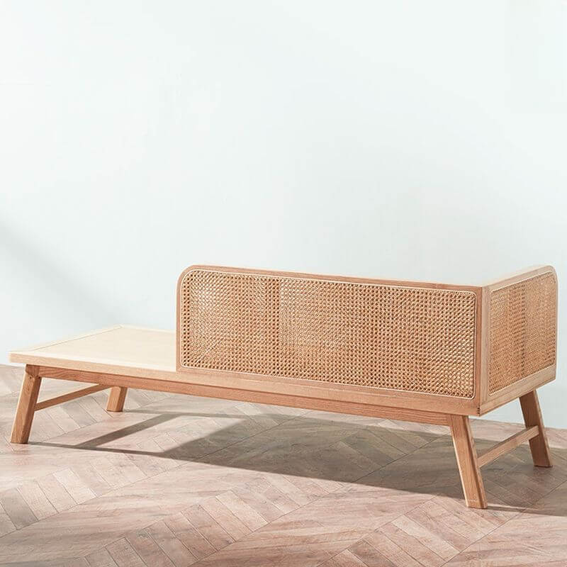 Natural wood frame of the gray chaise lounge