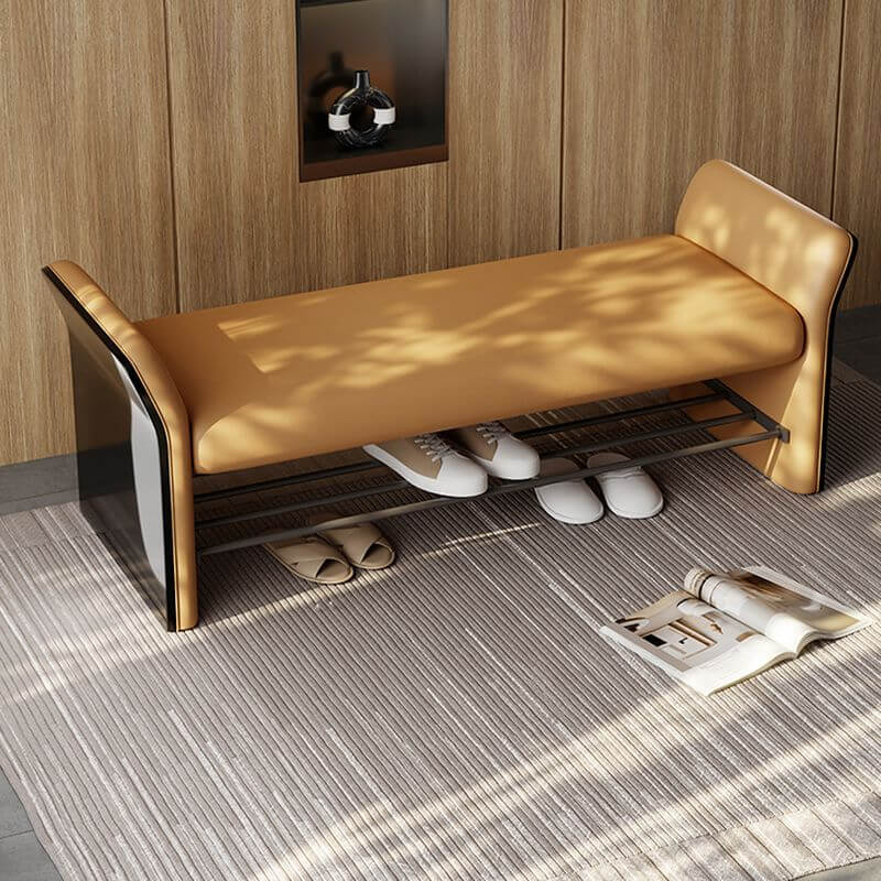 Modern Simple Style Solid Color Accent Bench Chair with Genuine Leather Upholstery, Armrest, and Cushioning Secondary image