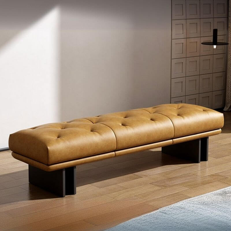 Modern simple style solid color genuine leather upholstered living room bench in black