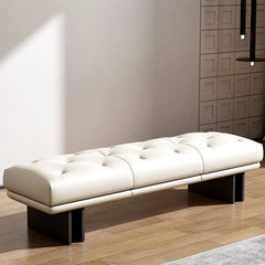 Long black leather bench with solid wood base