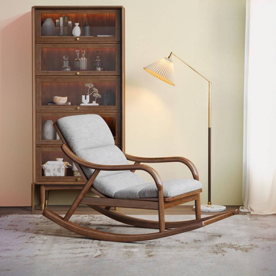 Modern wooden rocking chair in light gray upholstery