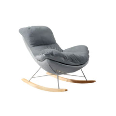 grey upholstered rocking chair with wood legs