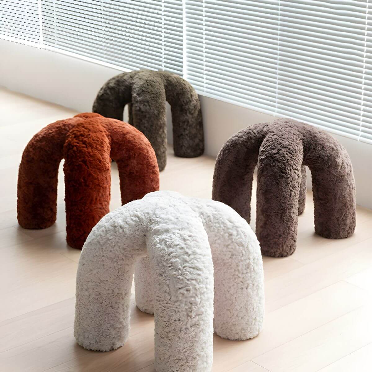 Cream modern upholstered accent stool with metal legs Main image