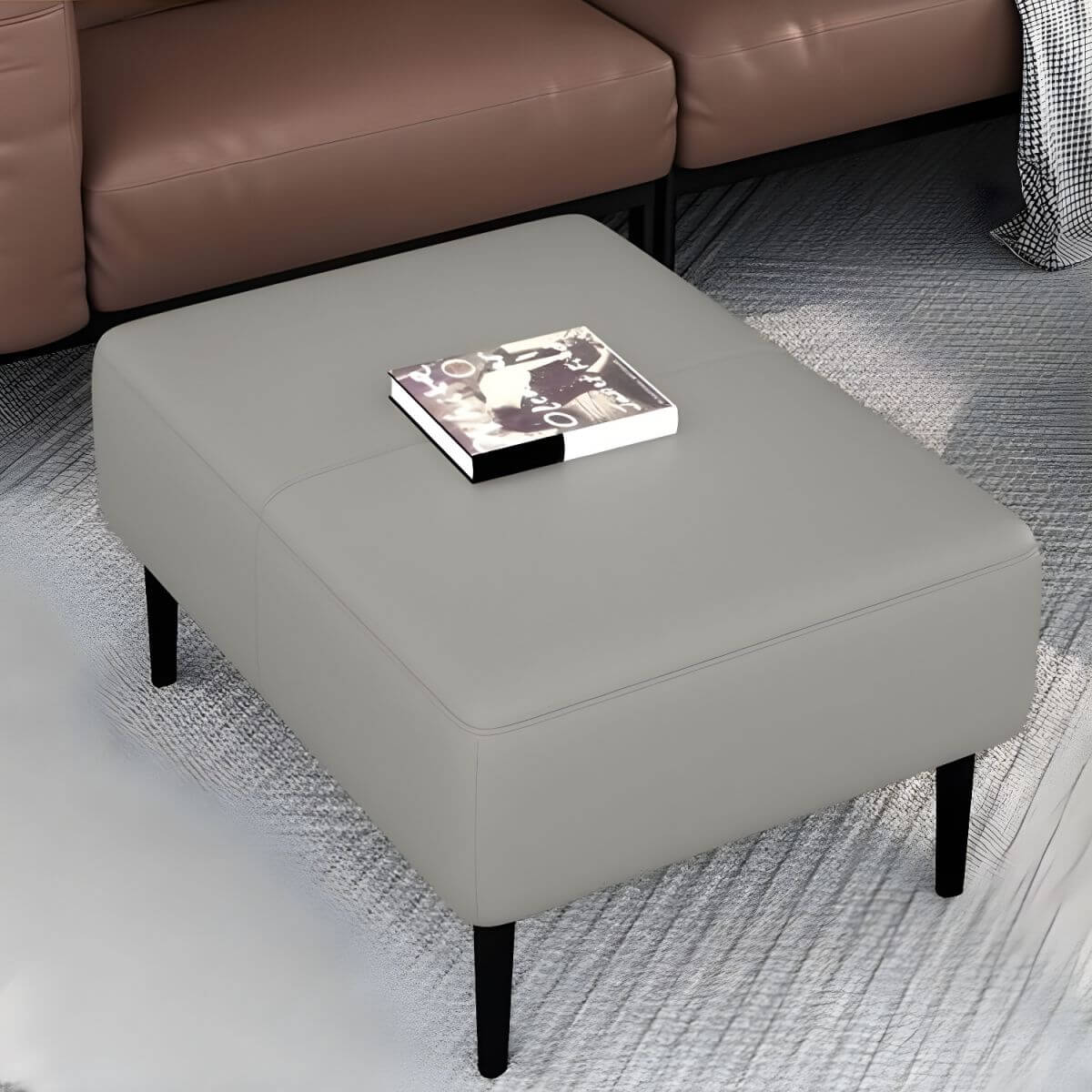 modern rectangle ottoman with metal frame in dark gray