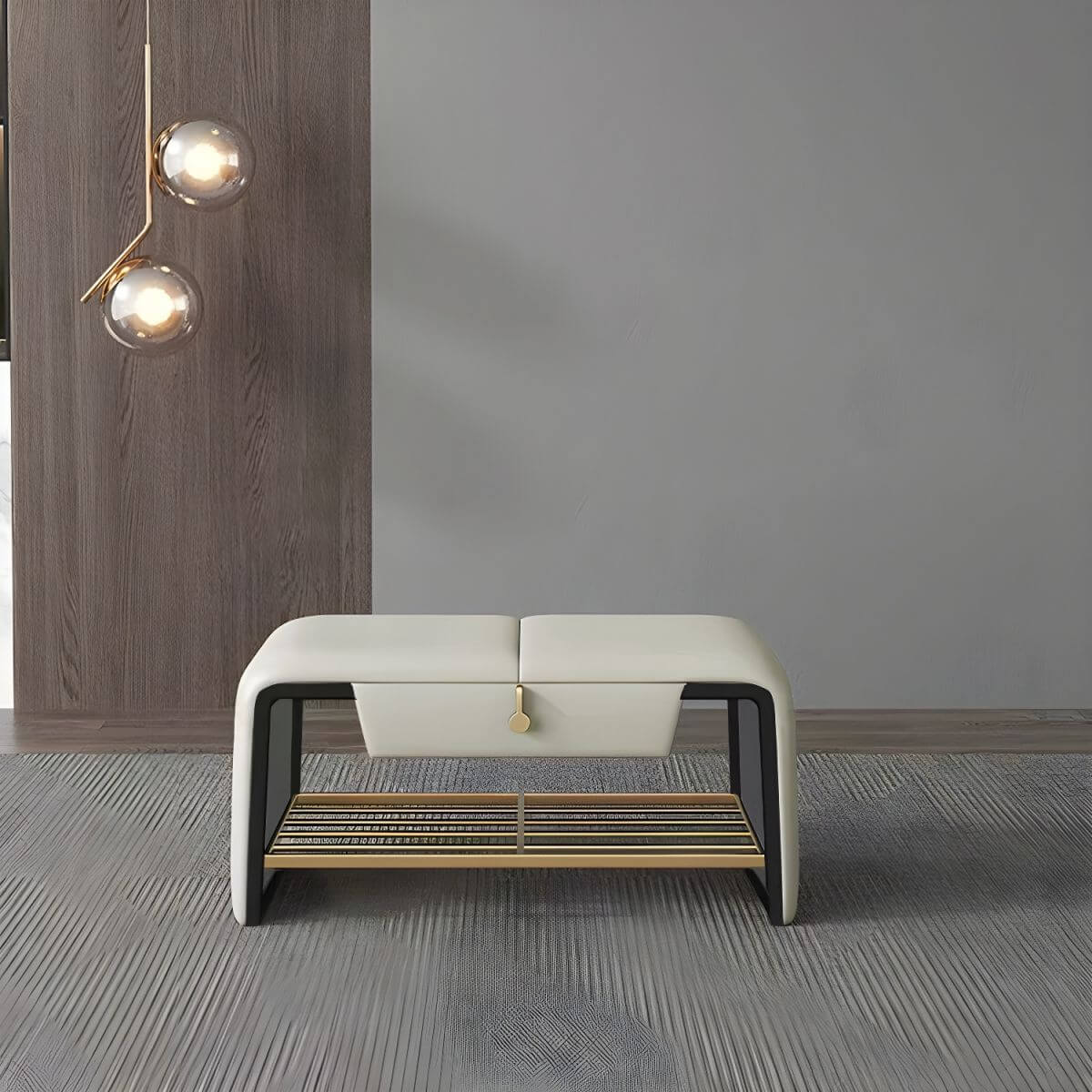 Faux leather storage ottoman in living room setting