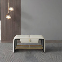 Faux leather storage ottoman in living room setting