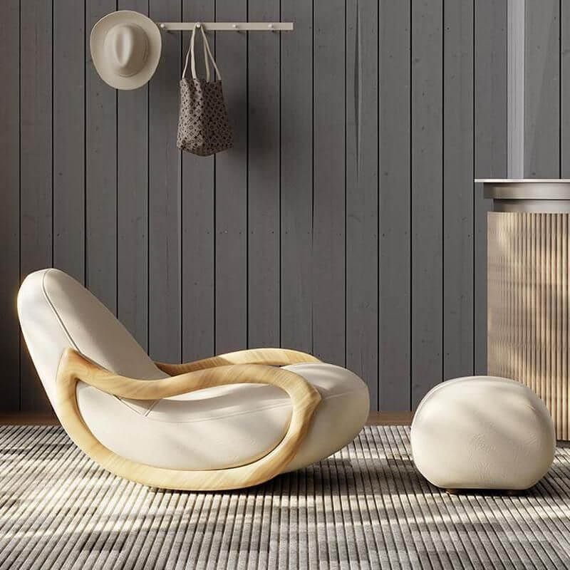 Modern wooden rocking chair in orange leather upholstery