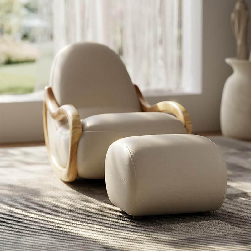 Natural wood-legged rocking chair with beige upholstery