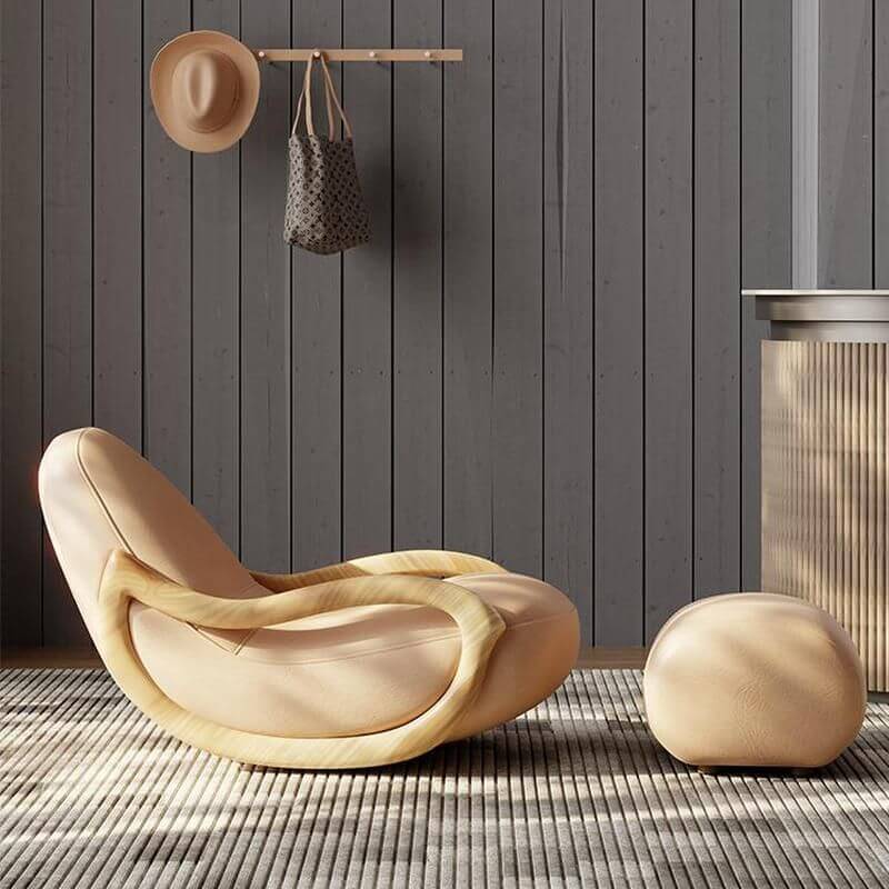 Mecedora moderna de madera con tapicería de cuero en color sólido y patas naturales Imagen secundaria del producto