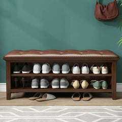 Compact storage ottoman in walnut color