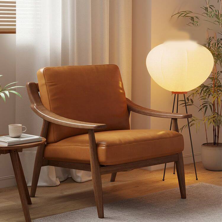 olive green arm chair with wood armrests Main image