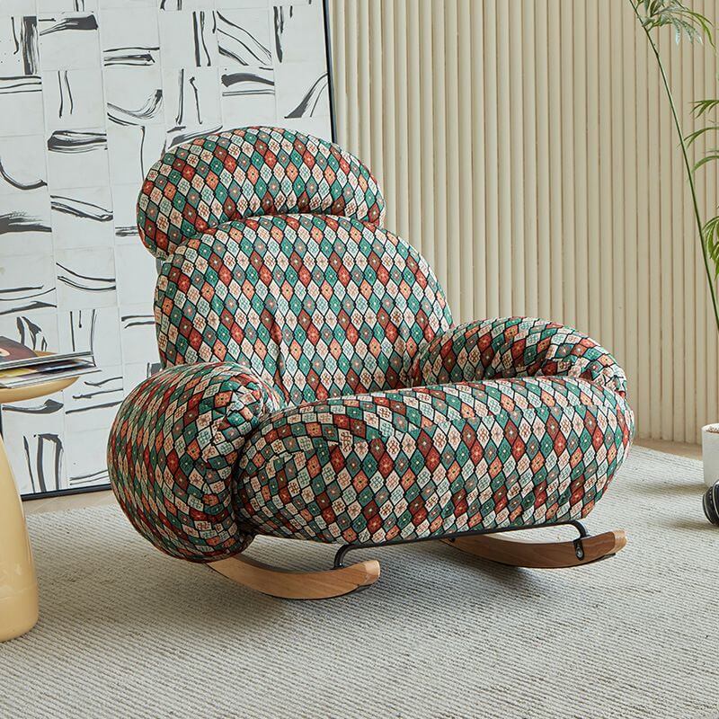 Upholstered rocking chair in scratch-defiant fabric