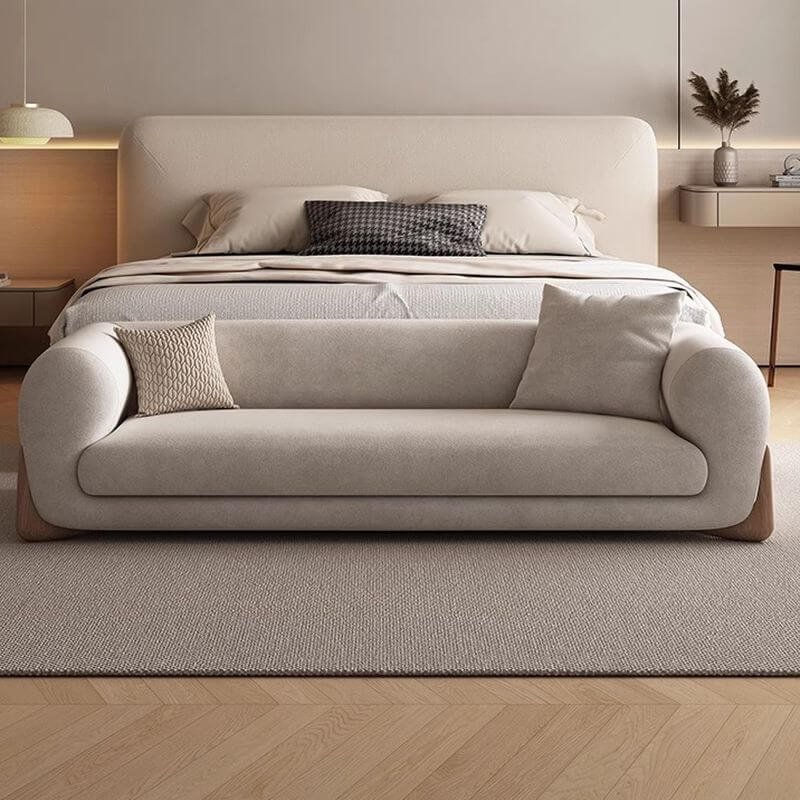 Modische gepolsterte Sitzbank in uni Farbe für das Schlafzimmer mit Rückenlehne, Armlehnen und gepolstertem Komfort Zweitbild