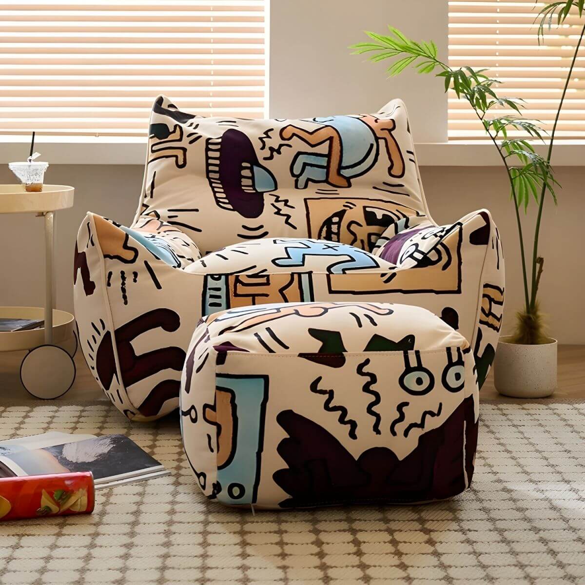 Comfortable bean bag set with ottoman
