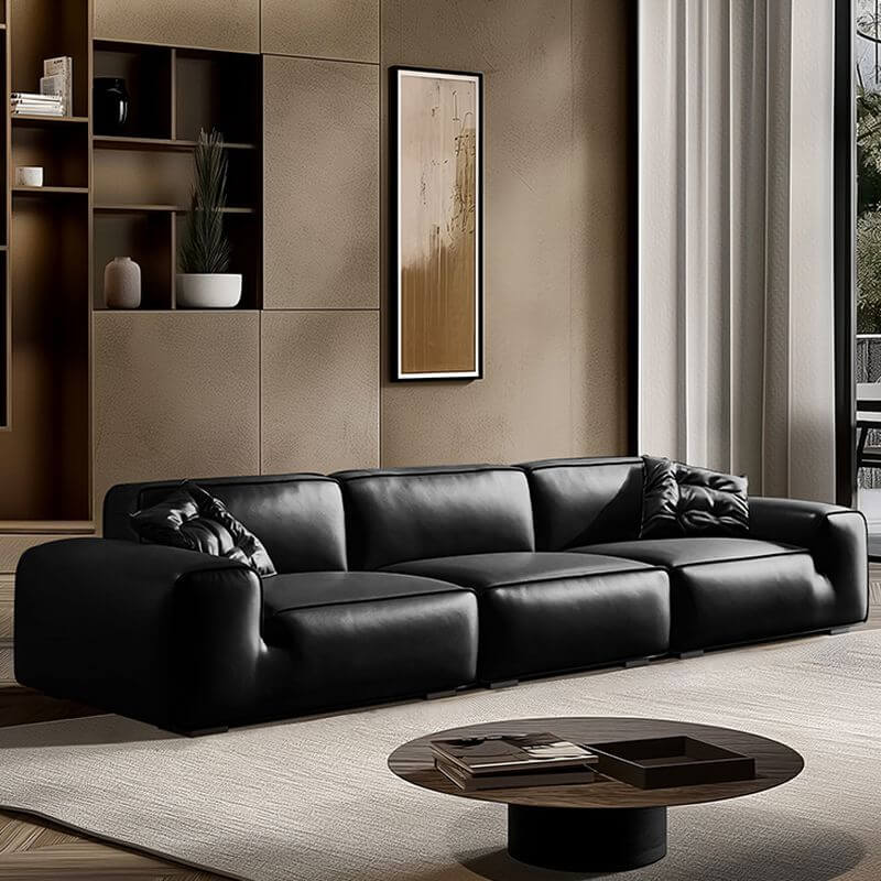 Nordic black leather sofa in stylish living room