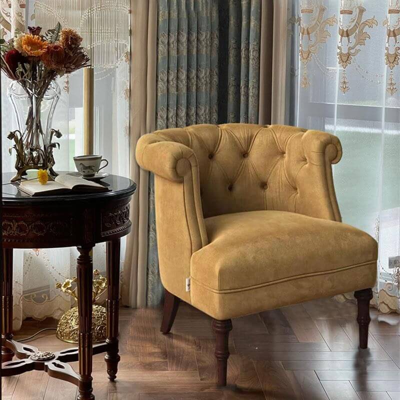 Old School Solid Color Tufted Yellow Barrel Chair front view