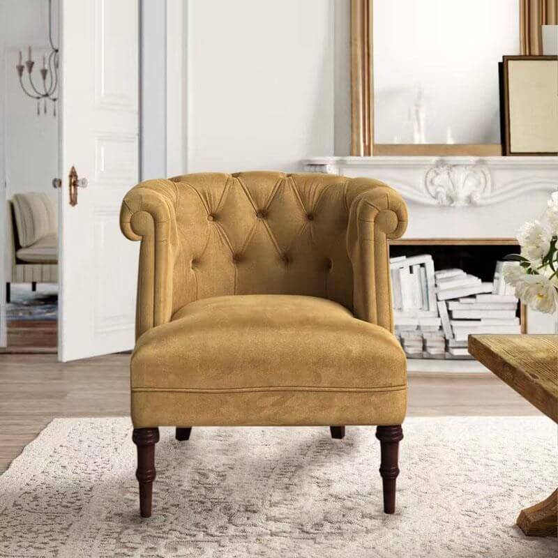 Silla tonel amarilla brillante con respaldo y reposabrazos capitonados
