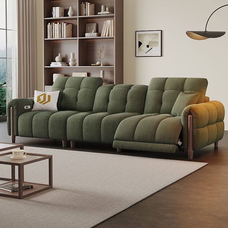 Olive green sofa from multiple angles