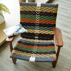 Close-up of the patchwork upholstery on the arm chair