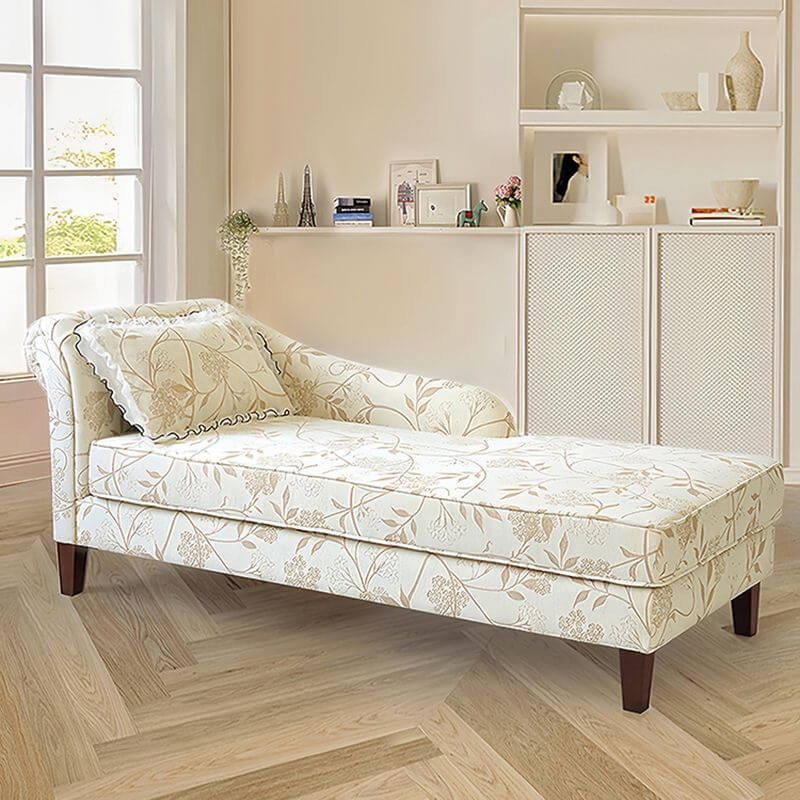 Petal-decorated chaise lounge in slate blue and beige