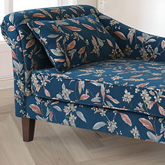 Petal-decorated chaise lounge in slate blue and beige